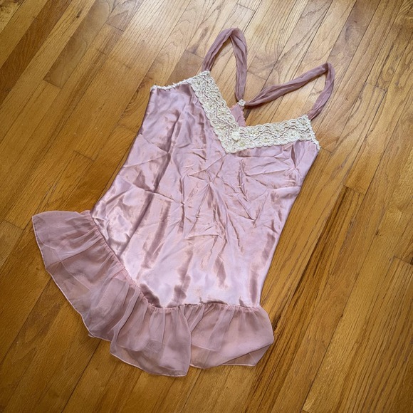 Vintage Dentelle Slip Dress L Pink Satin Lace Ruffle Hem Chemise‎ USA Lingerie - Picture 2 of 12